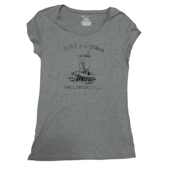Just a Woman Who Loves Her Chick-Fil-A Graphic Tee; Grey & Black Juniors L - Picture 1 of 6